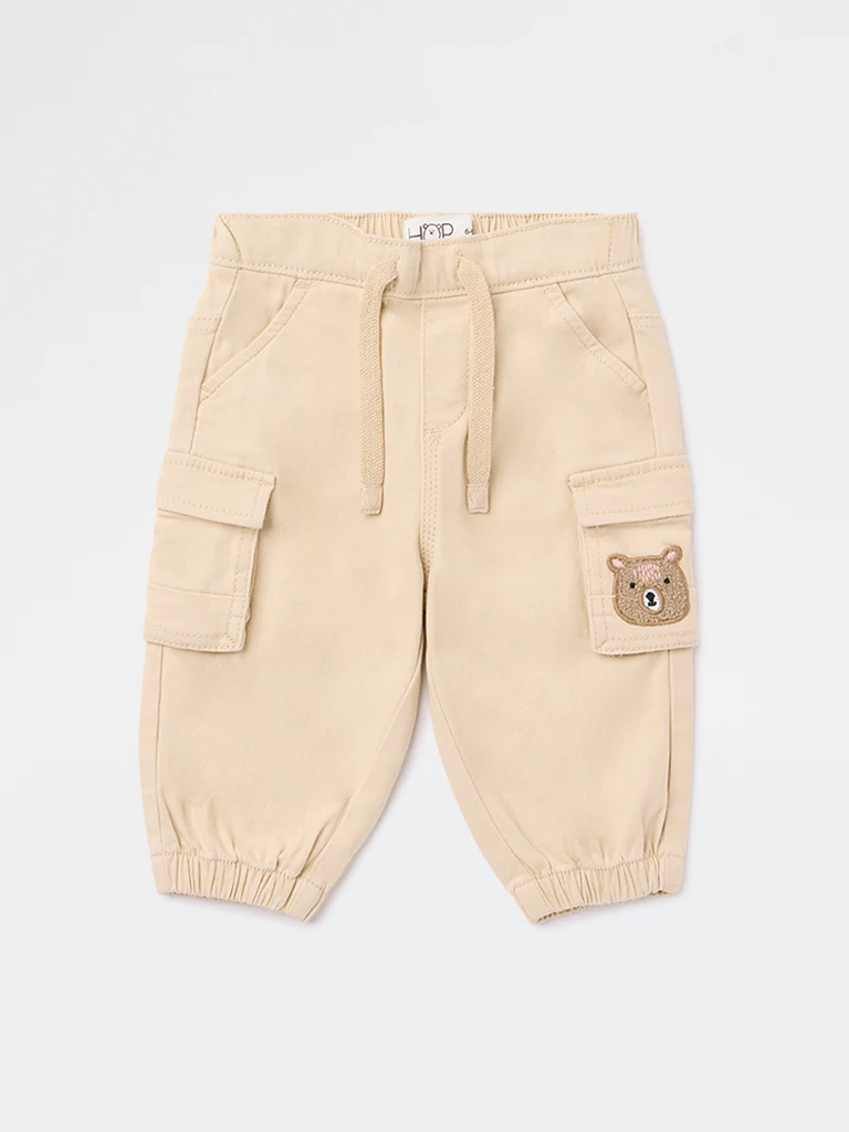 HOP Baby Boys Beige Embroidered Mid-Rise Cotton-Blend Joggers - Image 3