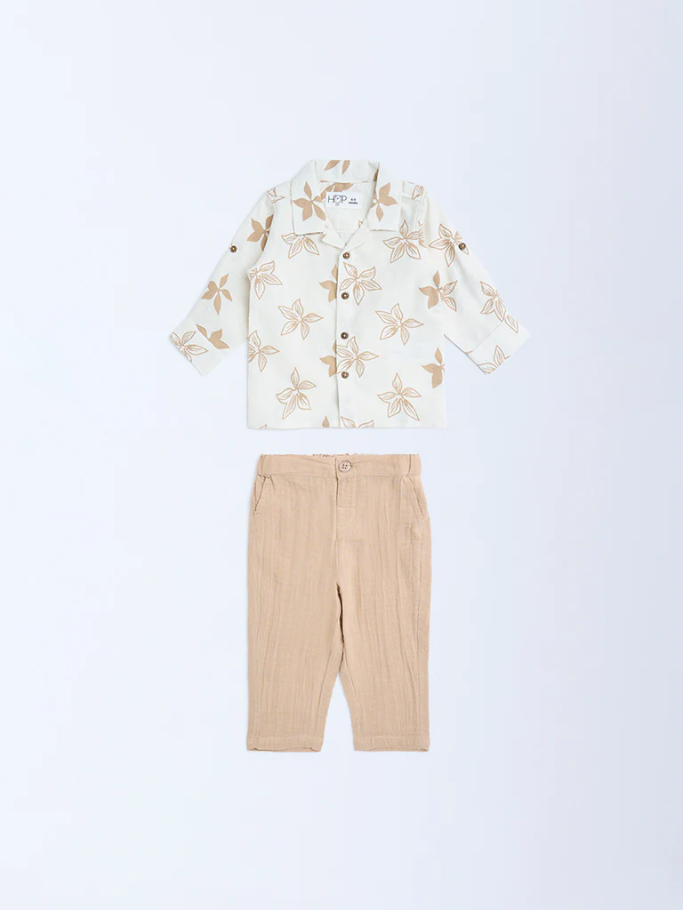 HOP Baby Boys Beige Floral Design Cotton Shirt and Trousers Set - Image 2
