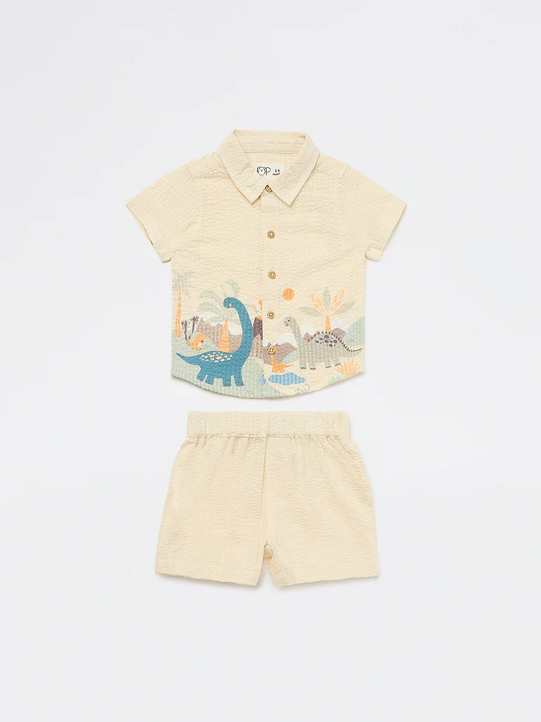 HOP Baby Boys Beige Printed Cotton Shirt and Shorts Set - Image 2