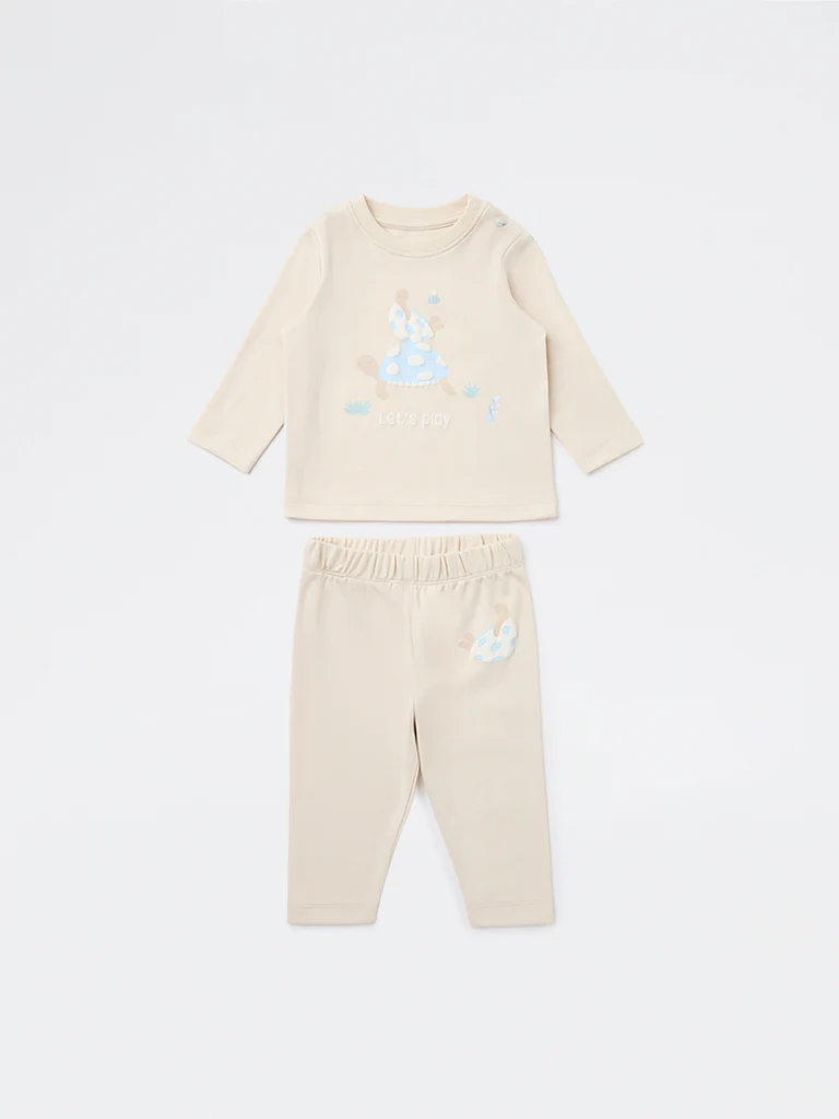 HOP Baby Boys Beige Printed Cotton T-Shirt and Pants Set - Image 2