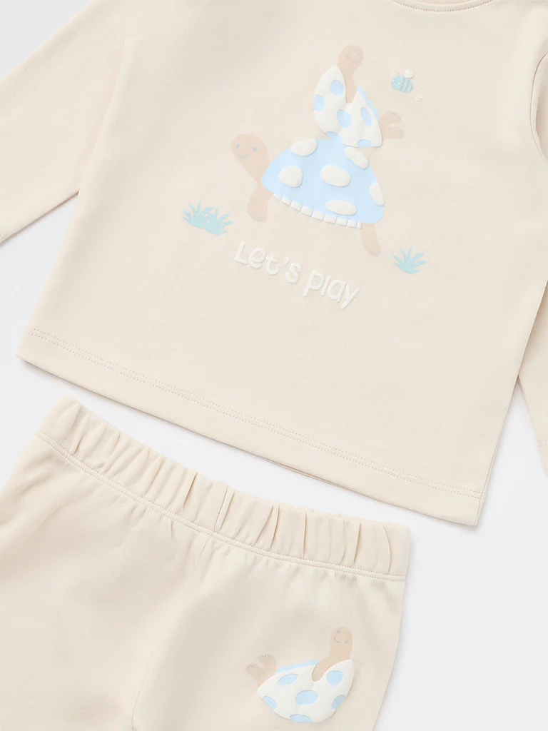 HOP Baby Boys Beige Printed Cotton T-Shirt and Pants Set - Image 4
