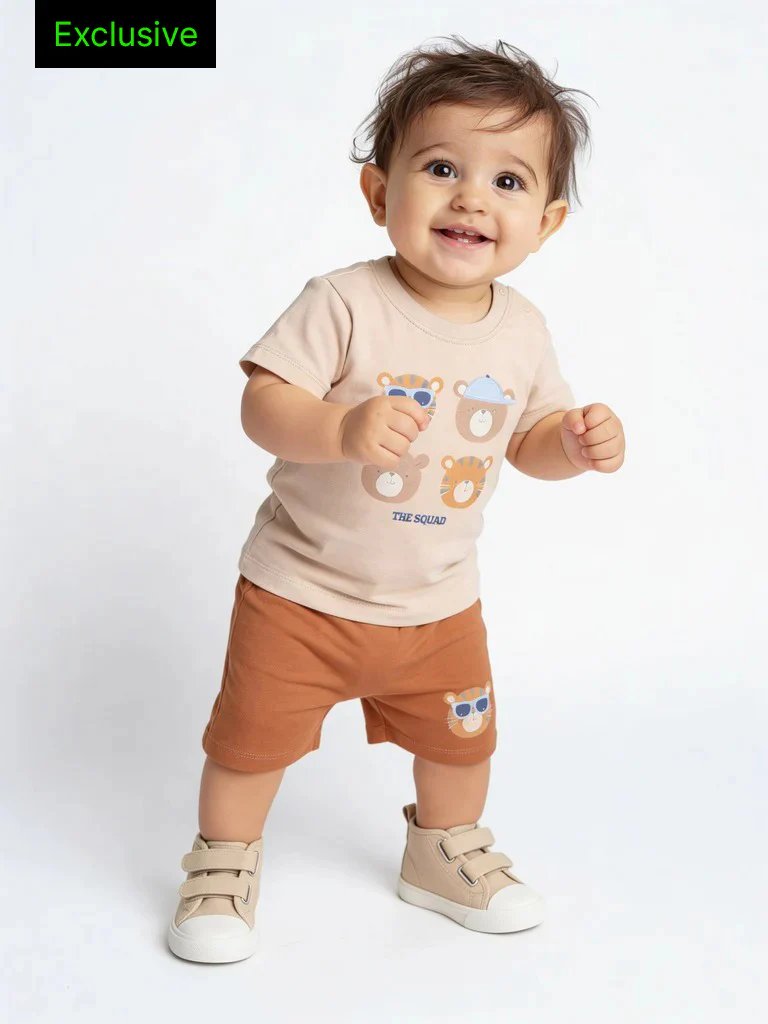 HOP Baby Boys Beige Printed Cotton T-Shirt and Shorts Set - Exclusive