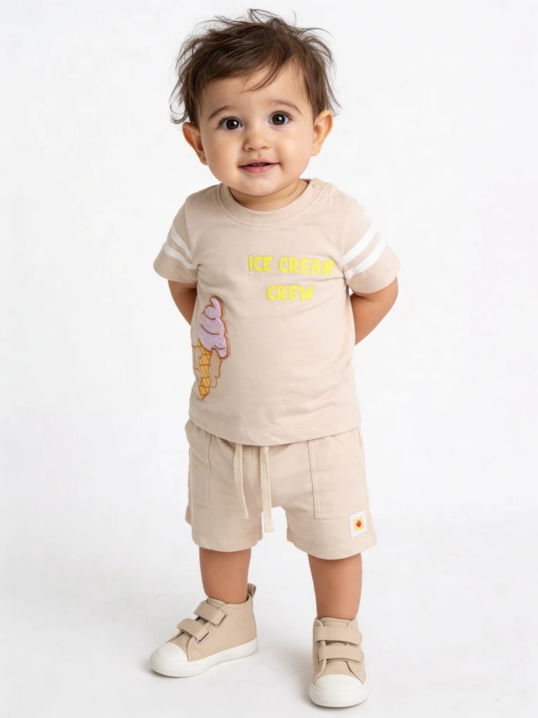 HOP Baby Boys Beige Printed Cotton T-Shirt and Shorts Set