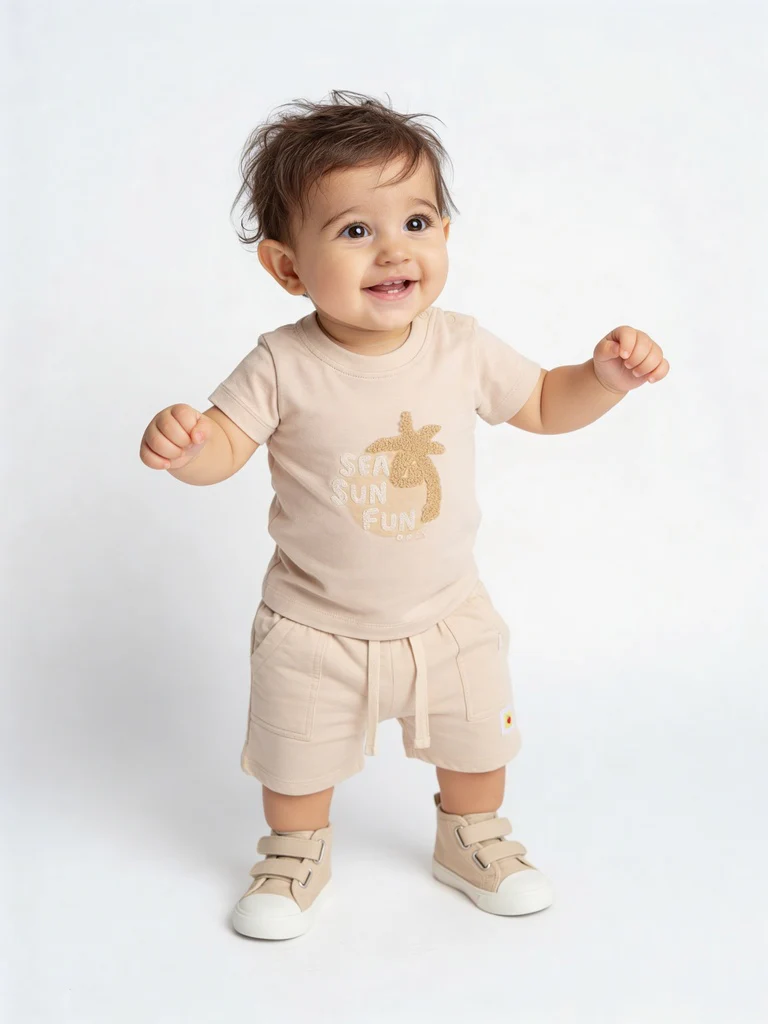 HOP Baby Boys Beige Printed Cotton T-Shirt and Shorts Set