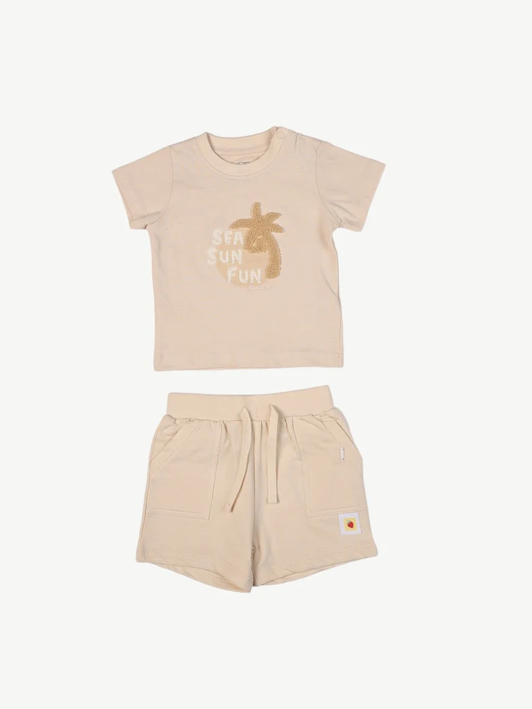 HOP Baby Boys Beige Printed Cotton T-Shirt and Shorts Set - Image 2