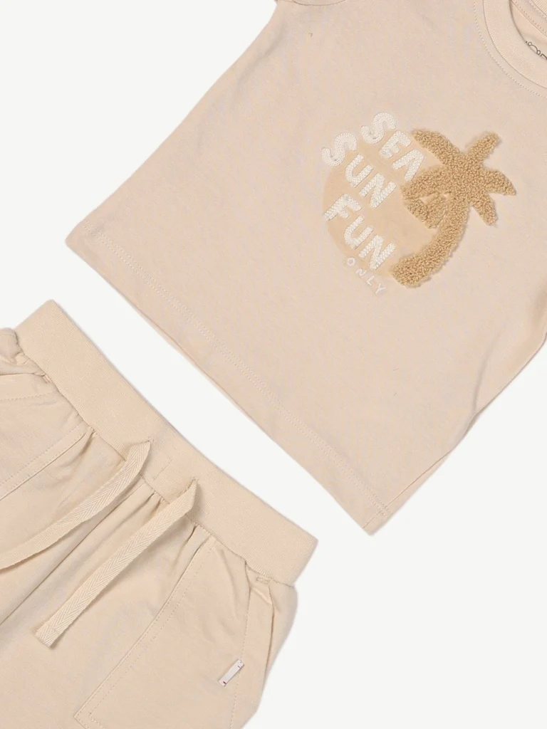 HOP Baby Boys Beige Printed Cotton T-Shirt and Shorts Set - Image 4