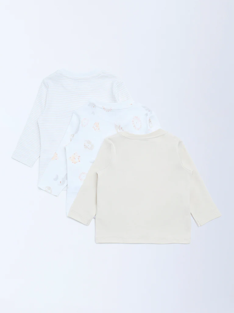 HOP Baby Boys Beige Printed Cotton T-Shirts - Pack of 3 - Image 3