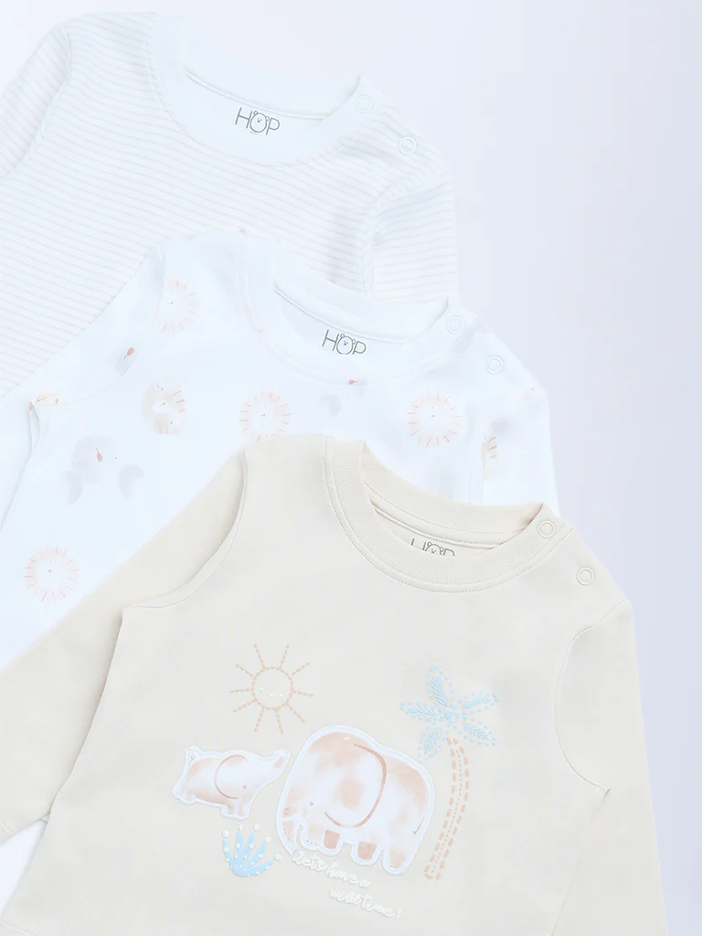 HOP Baby Boys Beige Printed Cotton T-Shirts - Pack of 3 - Image 4