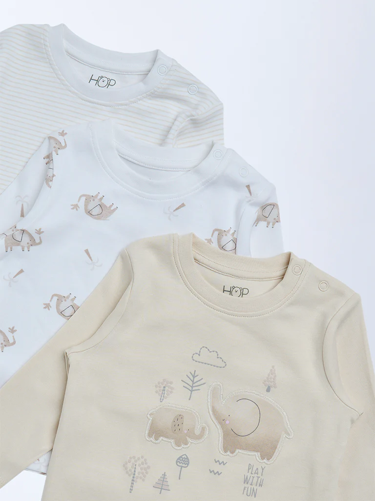HOP Baby Boys Beige Printed Cotton T-Shirts - Pack of 3 - Image 4