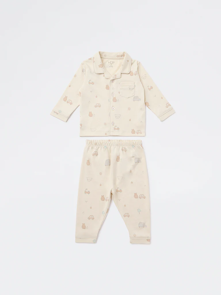 HOP Baby Boys Beige Printed SUPIMA Cotton Shirt and Pants Set - Image 2