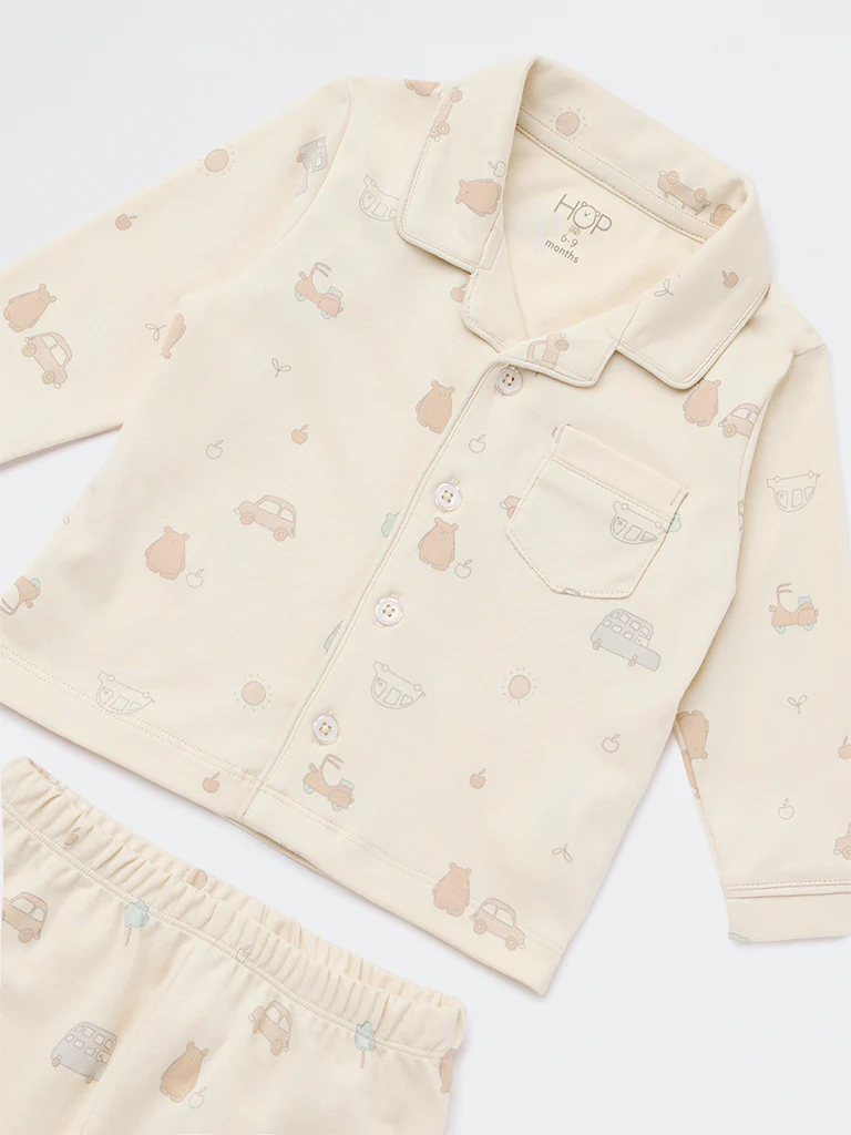 HOP Baby Boys Beige Printed SUPIMA Cotton Shirt and Pants Set - Image 4