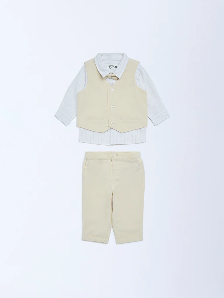 HOP Baby Boys Beige Solid Cotton Shirt, Waistcoat, Pants and Bow Set - Image 2