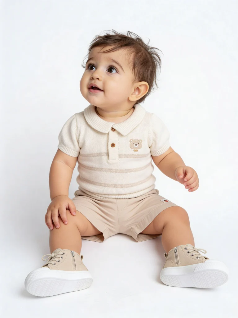 HOP Baby Boys Beige Striped Cotton Polo T-Shirt and Shorts Set