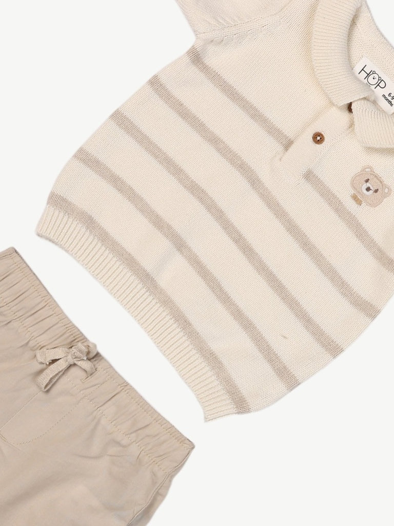 HOP Baby Boys Beige Striped Cotton Polo T-Shirt and Shorts Set - Image 4