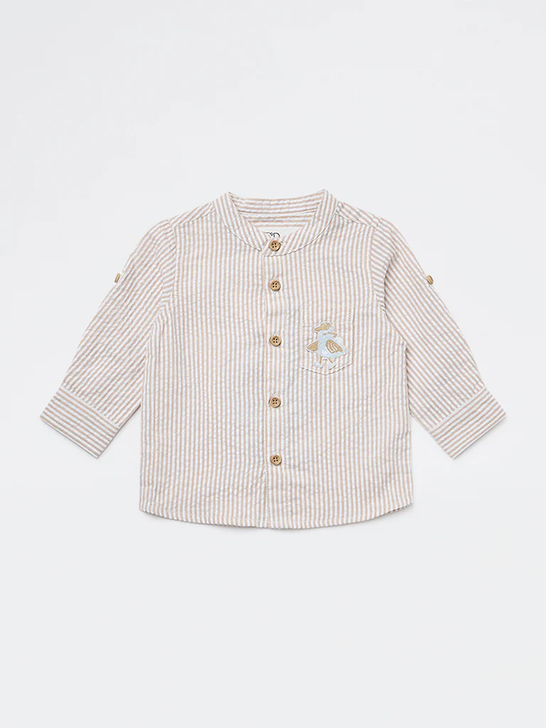 HOP Baby Boys Beige Striped Cotton Shirt - Image 2