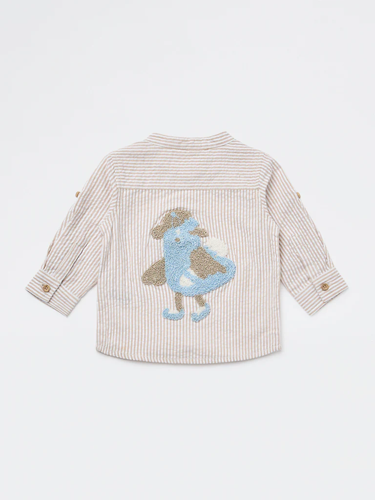 HOP Baby Boys Beige Striped Cotton Shirt - Image 3