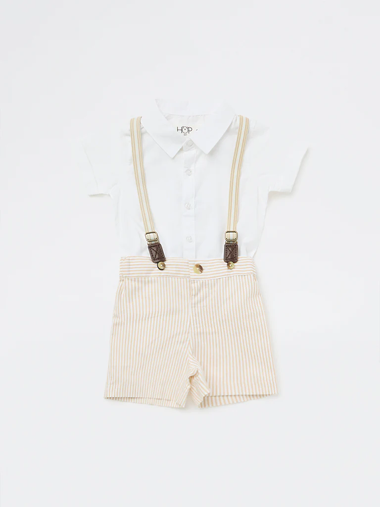 HOP Baby Boys Beige Striped Cotton Shorts, Shirt and Suspenders Set - Image 2