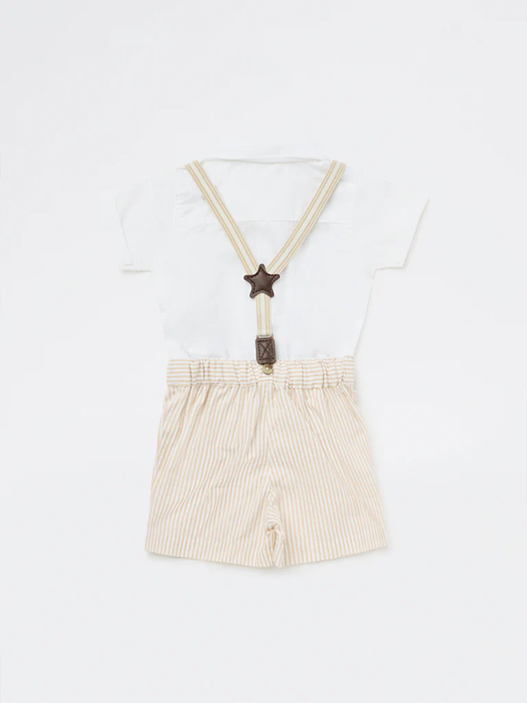 HOP Baby Boys Beige Striped Cotton Shorts, Shirt and Suspenders Set - Image 3