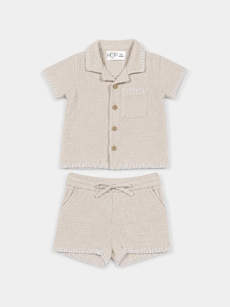 HOP Baby Boys Beige Textured Cotton Shirt and Shorts Set