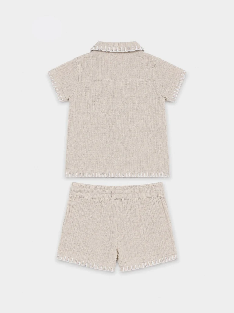 HOP Baby Boys Beige Textured Cotton Shirt and Shorts Set - Image 2