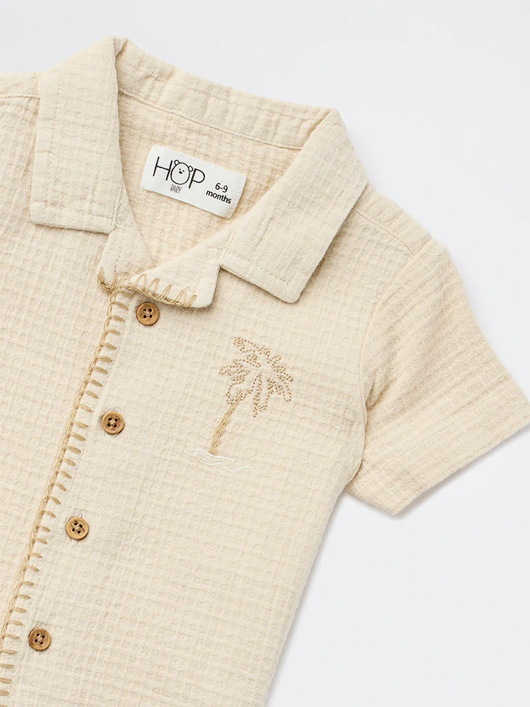 HOP Baby Boys Beige Waffle-Textured Cotton Shirt - Image 4