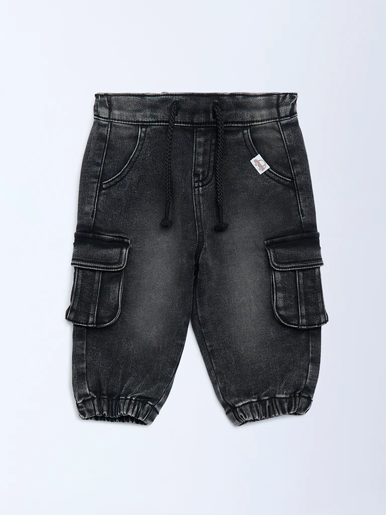 HOP Baby Boys Black Faded Mid-Rise Denim Joggers - Image 3
