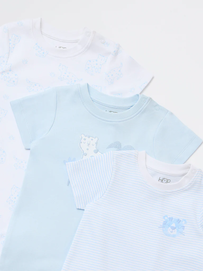 HOP Baby Boys Blue Animal Design Cotton Rompers - Pack of 3 - Image 4