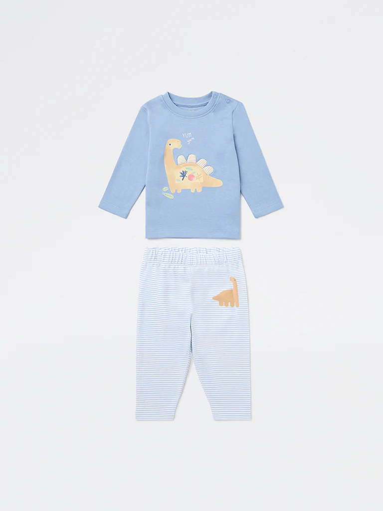 HOP Baby Boys Blue Animal Printed Cotton T-Shirt and Pant Set - Image 2