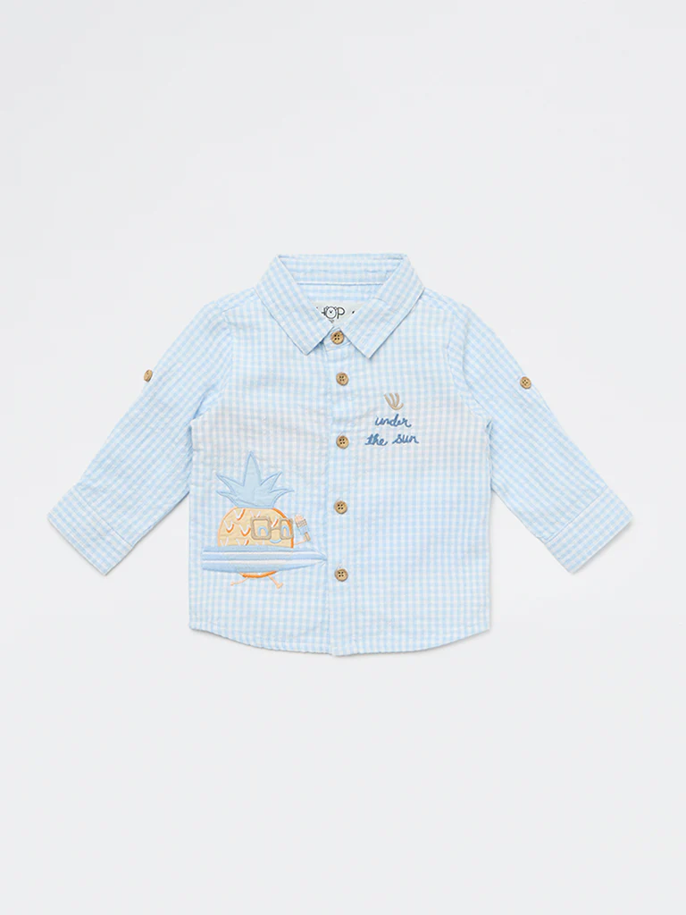 HOP Baby Boys Blue Checkered Cotton Shirt