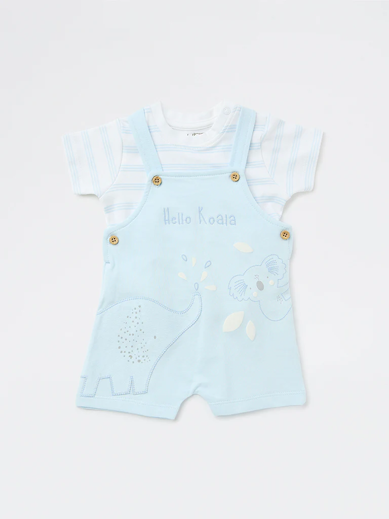 HOP Baby Boys Blue Cotton Dungaree and T-Shirt Set - Image 2