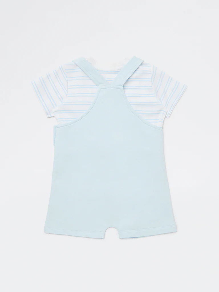 HOP Baby Boys Blue Striped Cotton Dungaree with T-Shirt Set - Image 3