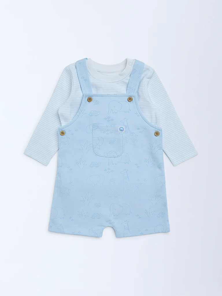 HOP Baby Boys Blue Cotton Dungaree with T-Shirt Set - Image 2