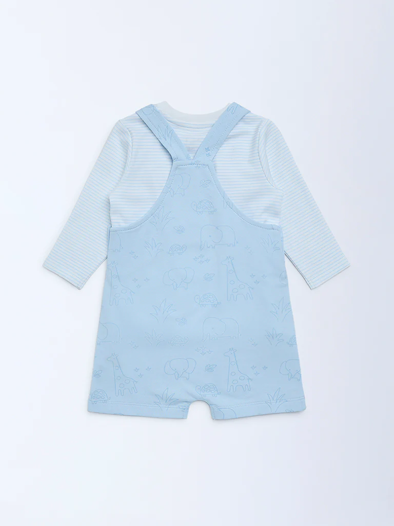 HOP Baby Boys Blue Cotton Dungaree with T-Shirt Set - Image 3