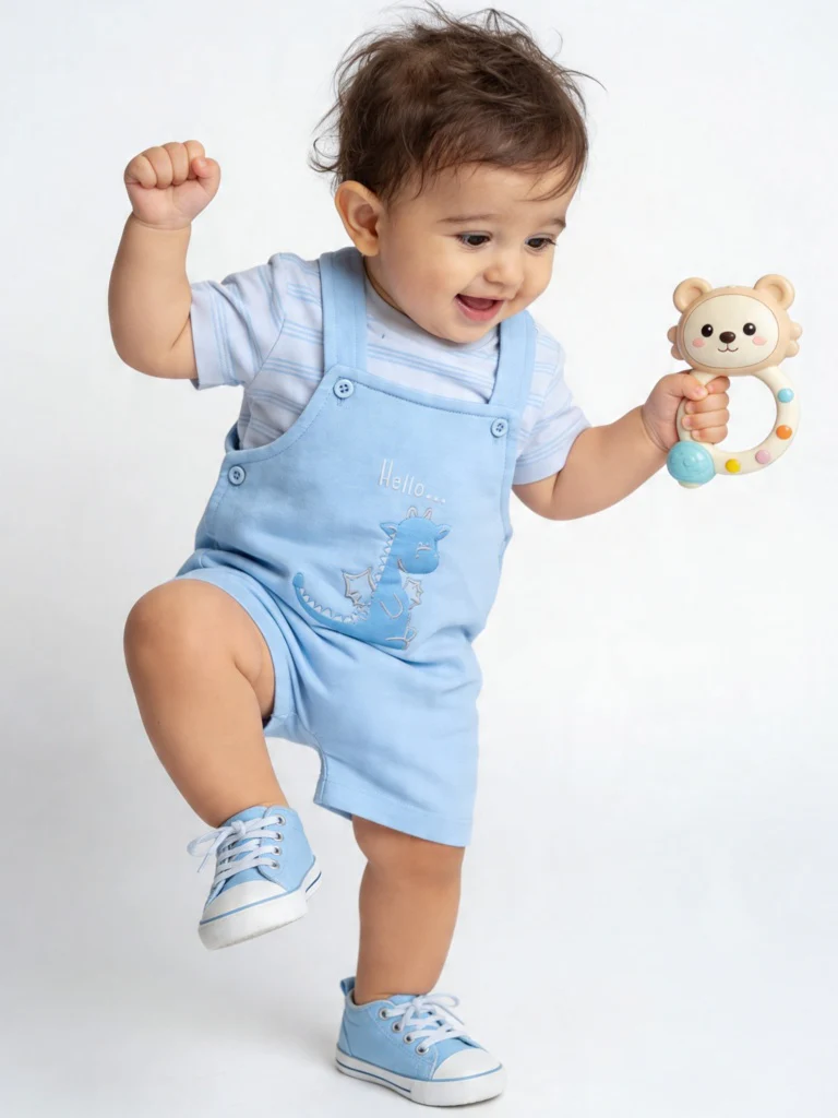 HOP Baby Boys Blue Cotton Dungaree with T-Shirt Set
