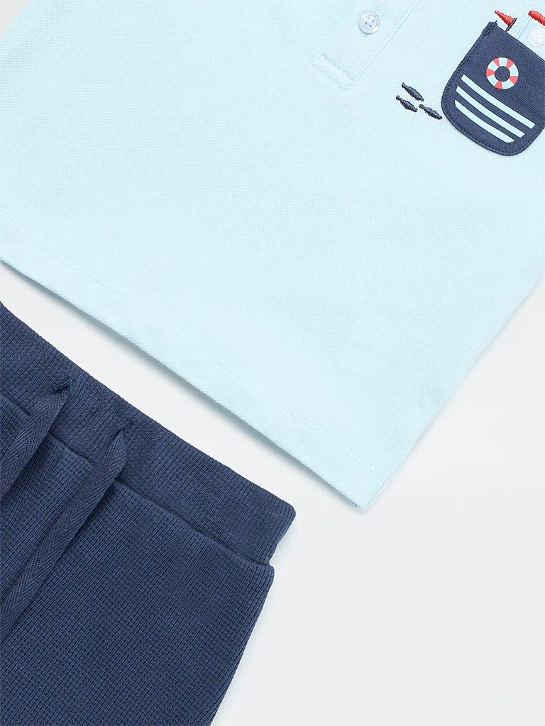 HOP Baby Boys Blue Cotton Polo T-Shirt and Shorts Set - Image 4