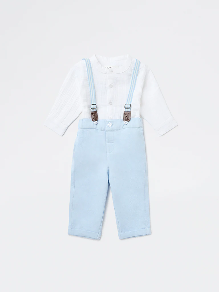 HOP Baby Boys Blue Cotton Shirt, Trousers and Suspenders Set - Image 2