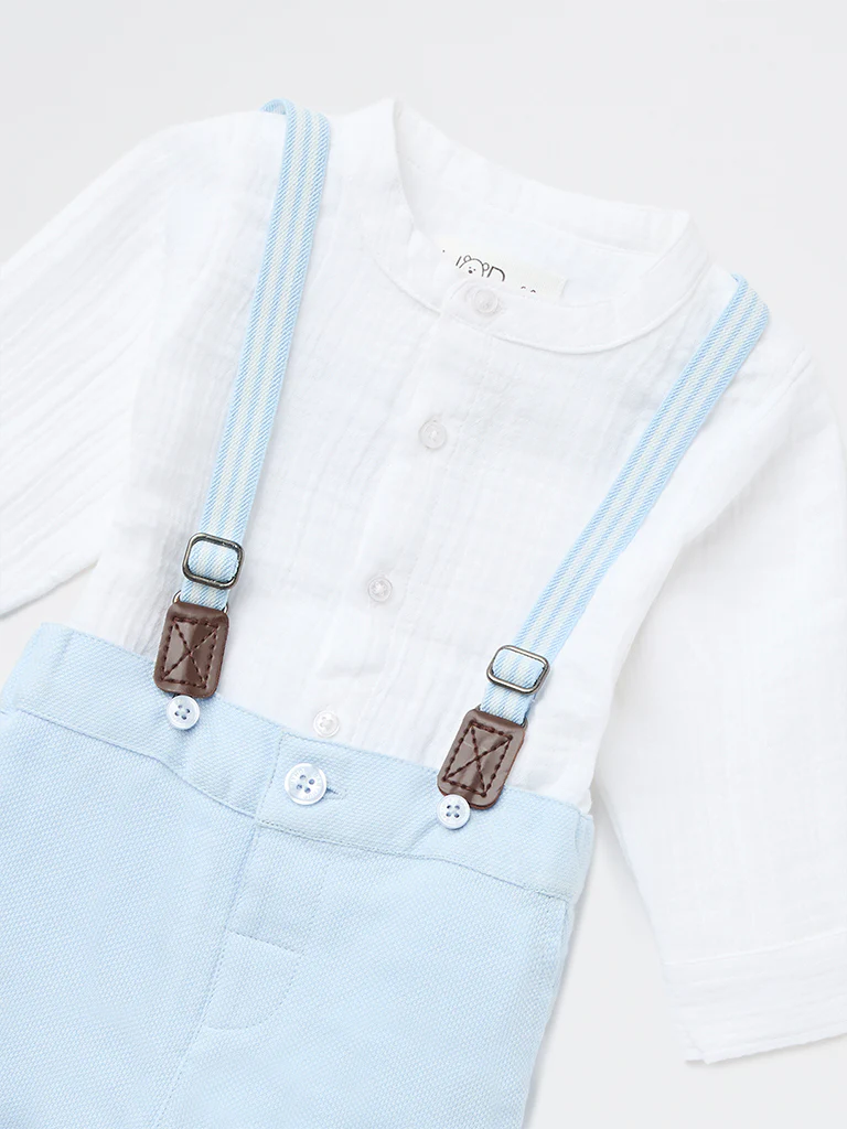 HOP Baby Boys Blue Cotton Shirt, Trousers and Suspenders Set - Image 4