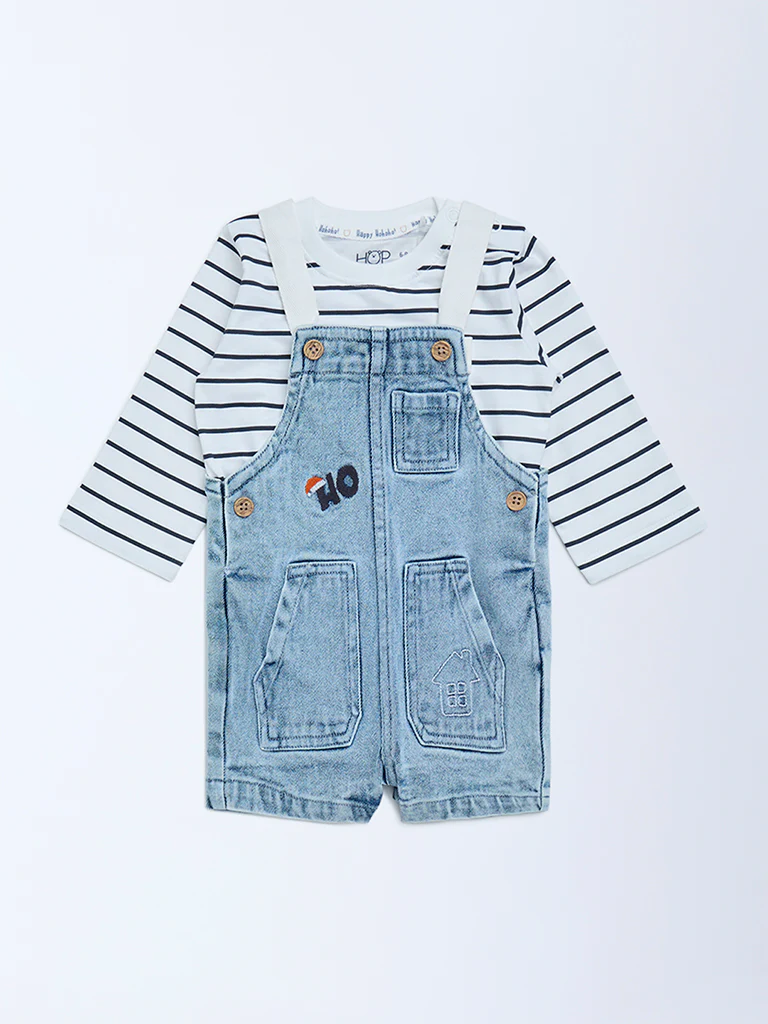 HOP Baby Boys Blue Denim Dungaree with T-Shirt Set - Image 2