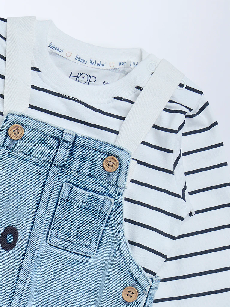 HOP Baby Boys Blue Denim Dungaree with T-Shirt Set - Image 4