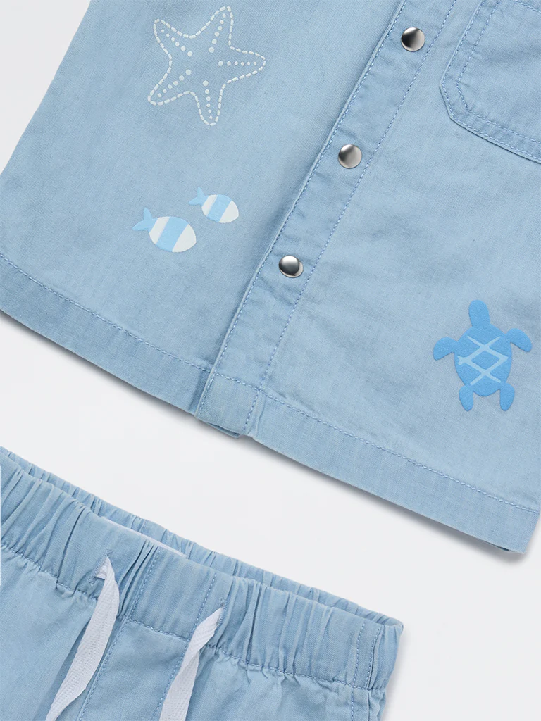 HOP Baby Boys Blue Denim Shirt and Shorts Set - Image 4
