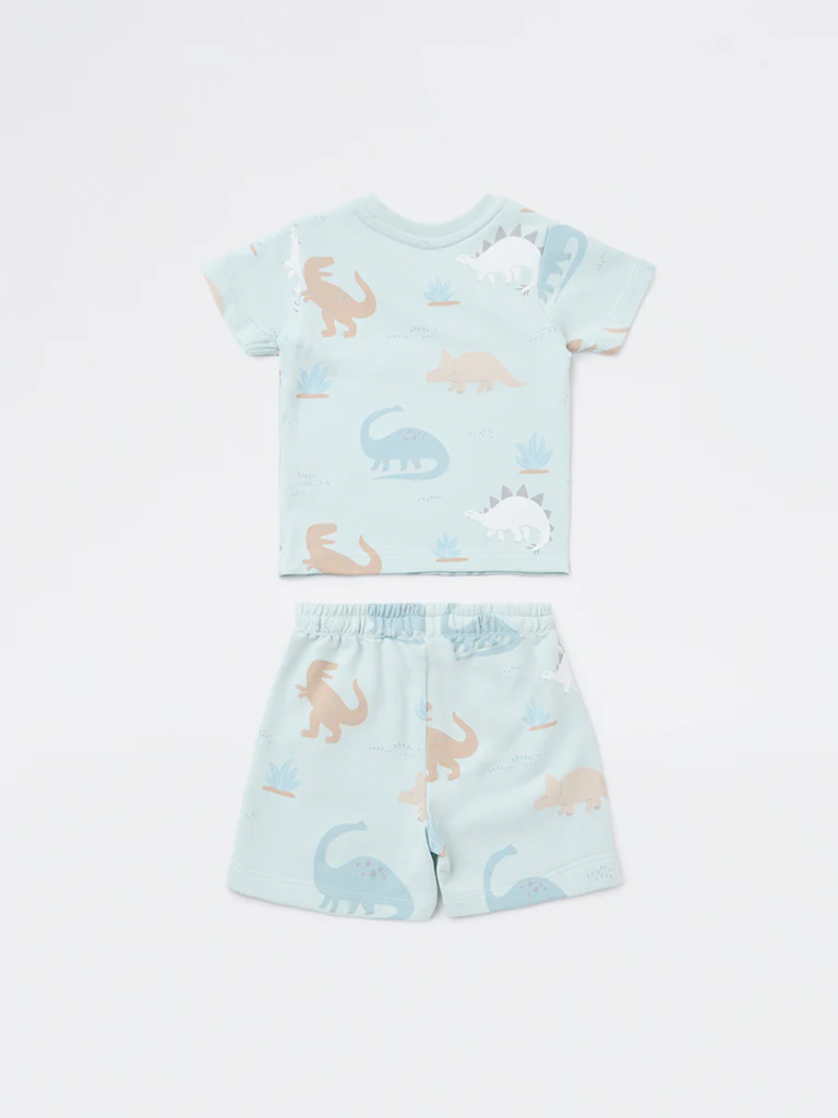 HOP Baby Boys Blue Dinosaur Printed Cotton T-Shirt and Shorts Set - Image 3