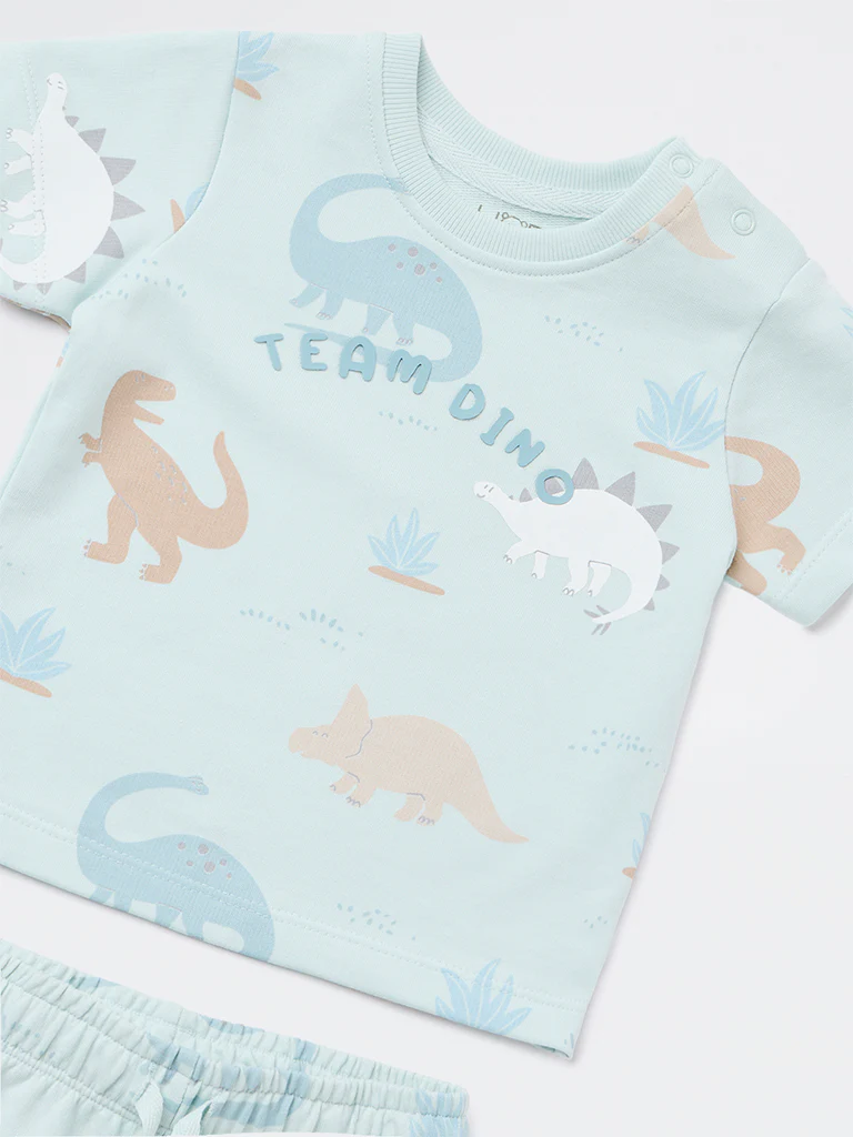 HOP Baby Boys Blue Dinosaur Printed Cotton T-Shirt and Shorts Set - Image 4