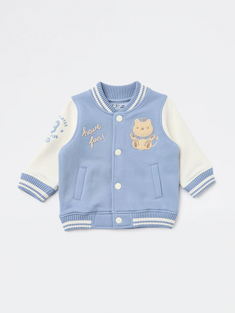 HOP Baby Boys Blue Embroidered Cotton-Blend Varsity Jacket - Image 2