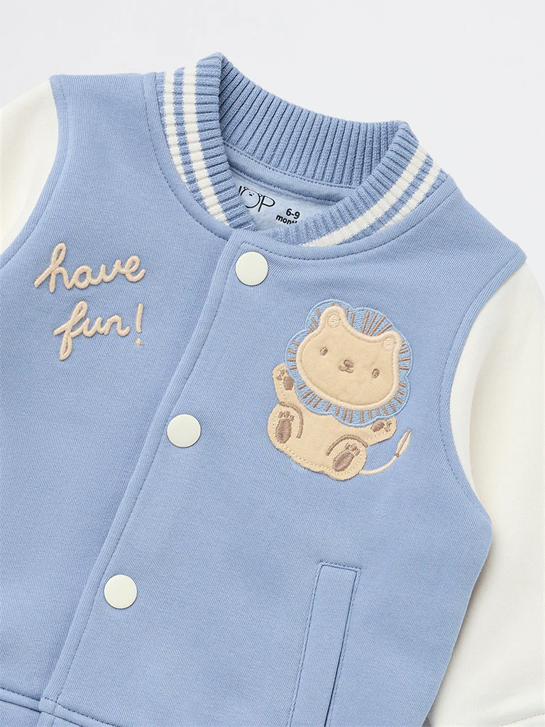 HOP Baby Boys Blue Embroidered Cotton-Blend Varsity Jacket - Image 4