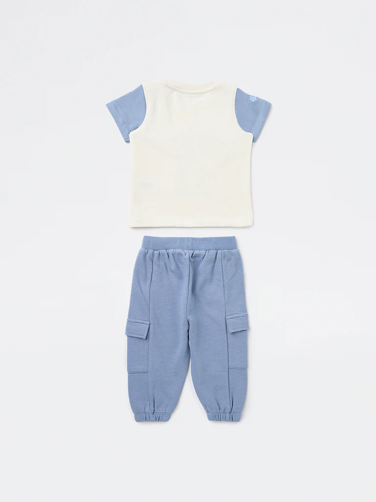 HOP Baby Boys Blue Embroidered Cotton T-Shirt and Joggers Set - Image 3