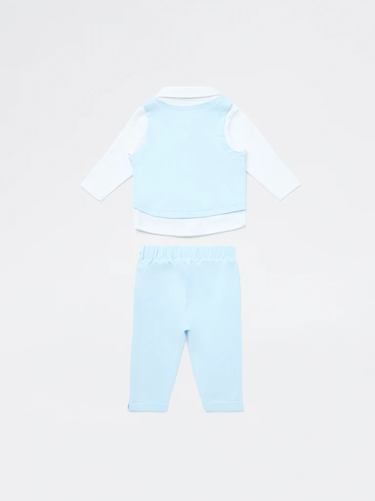 HOP Baby Boys Blue Embroidered Cotton Waistcoat, Shirt, Trousers and Bow Set - Image 3