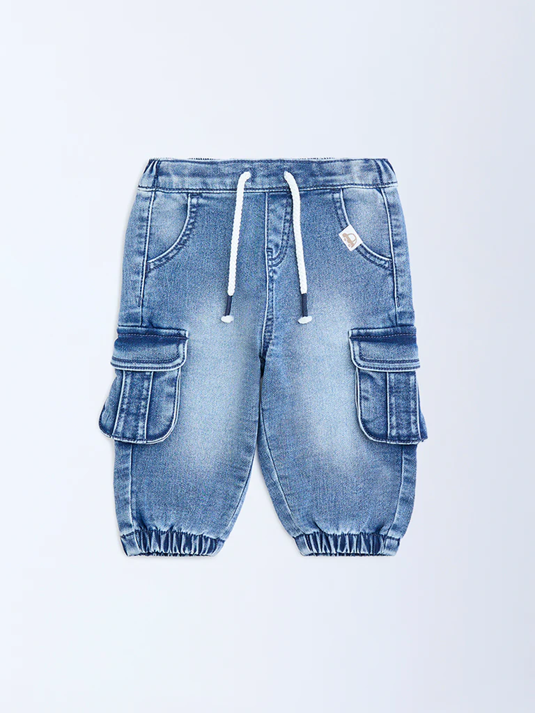 HOP Baby Boys Blue Faded Mid-Rise Denim Joggers - Image 3