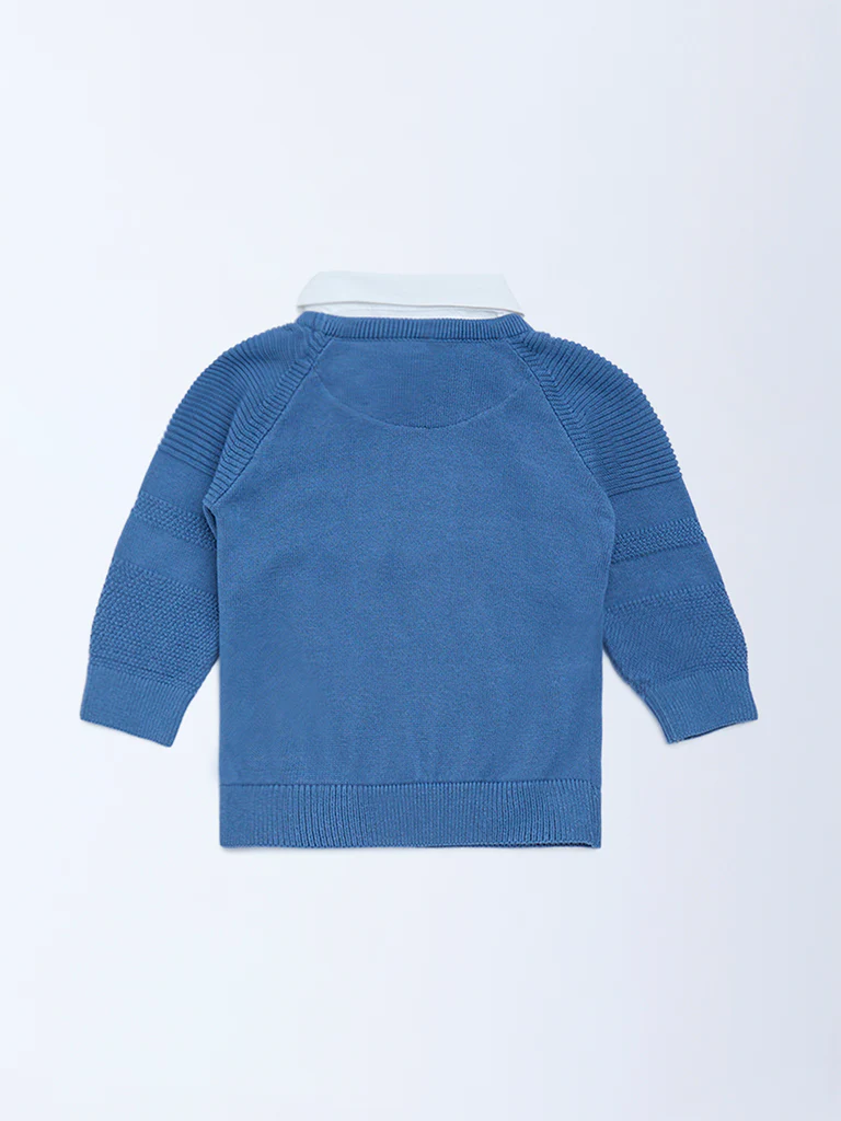 HOP Baby Boys Blue Knit-Textured Cotton Sweater - Image 3