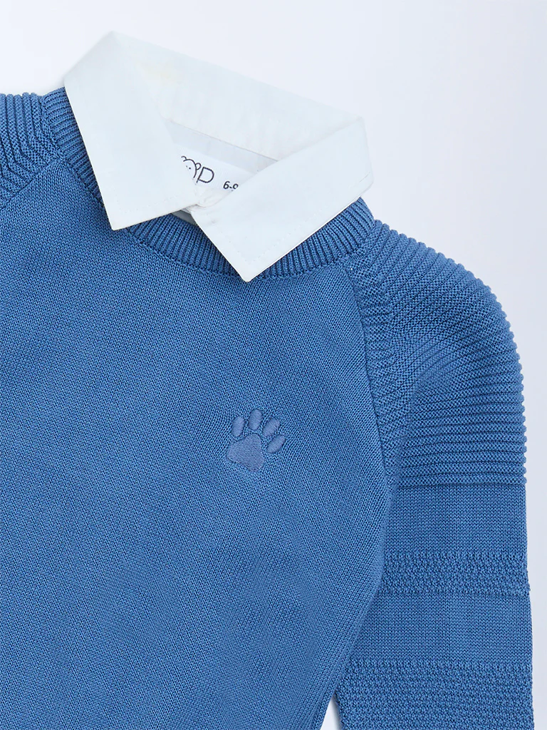 HOP Baby Boys Blue Knit-Textured Cotton Sweater - Image 4