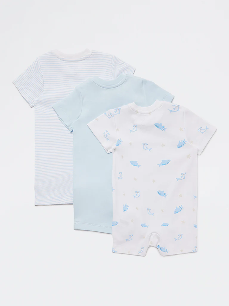 HOP Baby Boys Blue Printed Cotton Romper - Pack Of 3 - Image 3